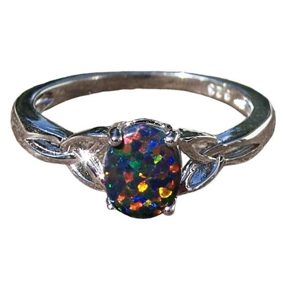 925 STERLING SILVER  Oval Lab Created Black Opal Ring - Picture 2 of 16